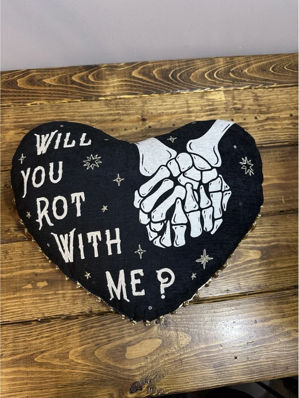 Black Heart Pillow “Will You Rot With Me?” Skeleton Hands Goth Emo Fringe Decor